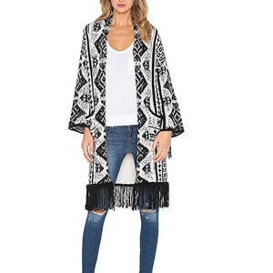 Boho Fringe Kimono Duster Cardigan Aztec Print Black White Knit Sweater